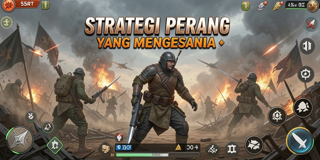 Tampilan gameplay strategis di 55RT dengan pertempuran intens.