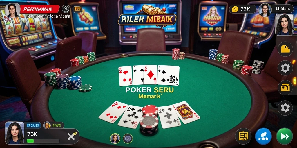 Screenshot gameplay 73K yang menampilkan suasana permainan poker yang seru.