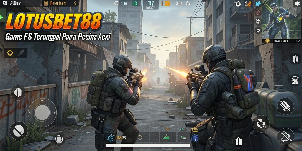 Screenshot LOTUSBET88 menampilkan aksi tembak-menembak yang intens.