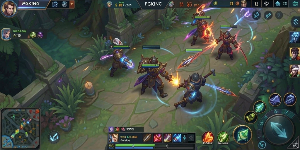 Screenshot PGKING menunjukkan karakter dalam aksi MOBA yang mendebarkan.