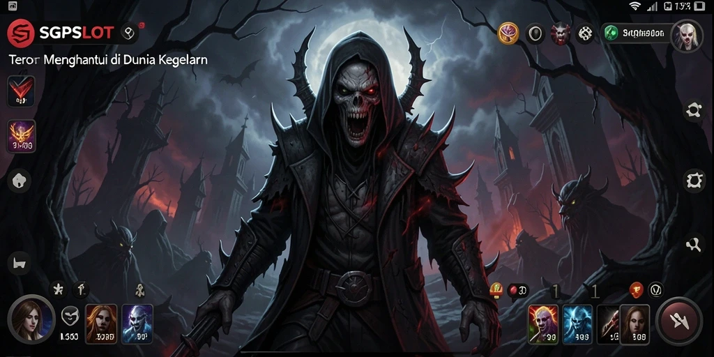 Tampilan gameplay SGPSLOT yang menegangkan dengan kegelapan dan makhluk misterius.