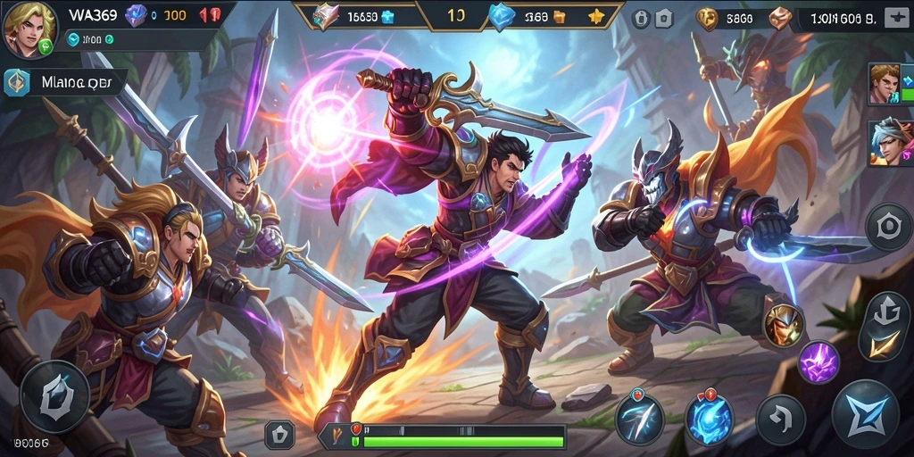 Screenshot utama menunjukkan pertarungan epik dalam gameplay MOBA.